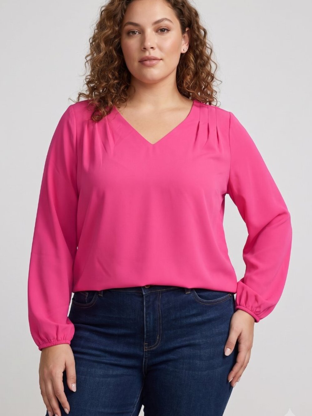 NWOT | Hot Pink Pleated V-Neck Long Sleeve Blouse Elastic Cuffs Large